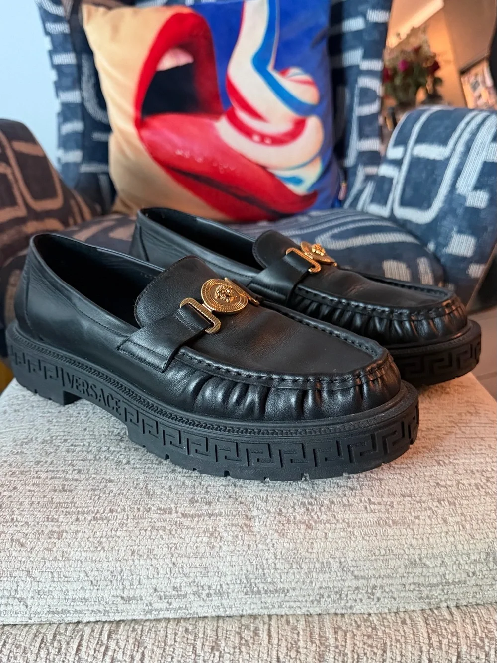 Versace Black Leather Medallion Bit Platform Loafers